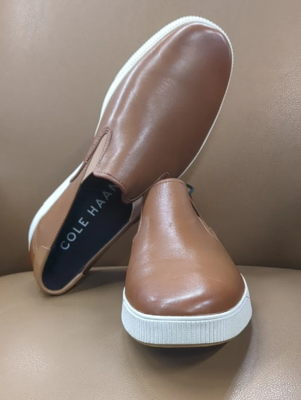 Cole Haan Brown Slip-On Leather Sneakers with White Sole